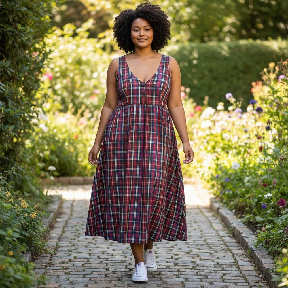 Vintage Notations Clothing Co Plaid Maxi Jumper Dress Red Blue Tartan Large USA